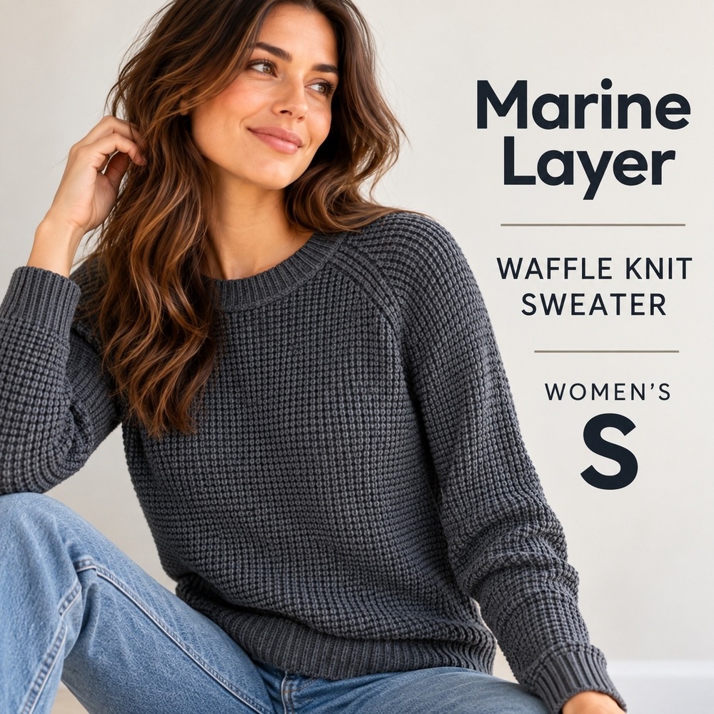 Marine Layer Waffle Knit Sweater Womens S Grey Merino Wool Blend Raglan Crewneck